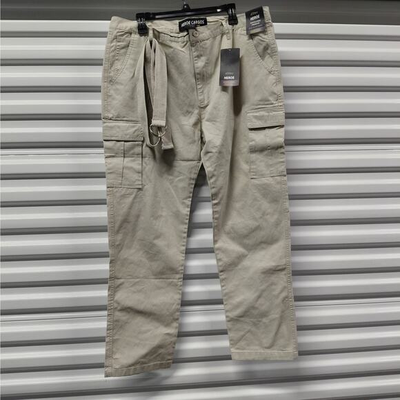 Mens Belted Cargo Work Pants 40W x 30L Beige Cotton Utility Pockets Ashly Heroe - Picture 1 of 7